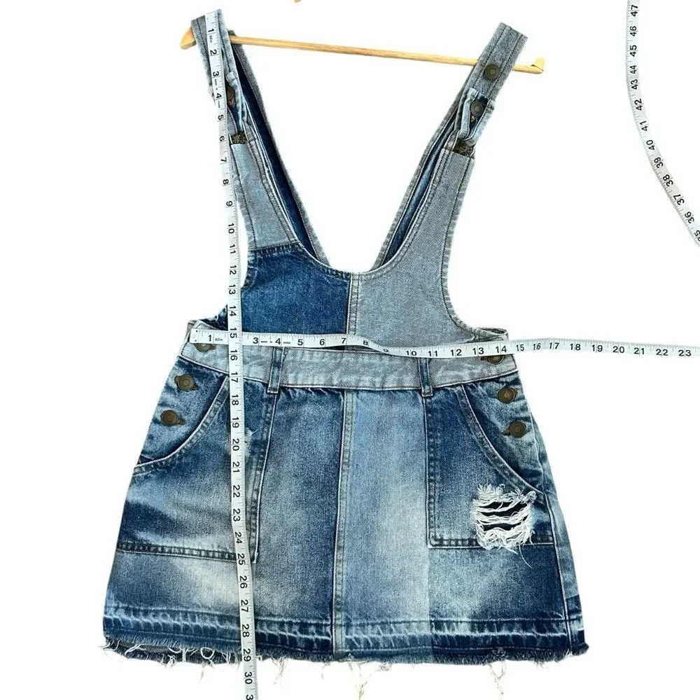 Free People Patchwork Blues Patchwork Light Blue Denim Overall Skirt size small